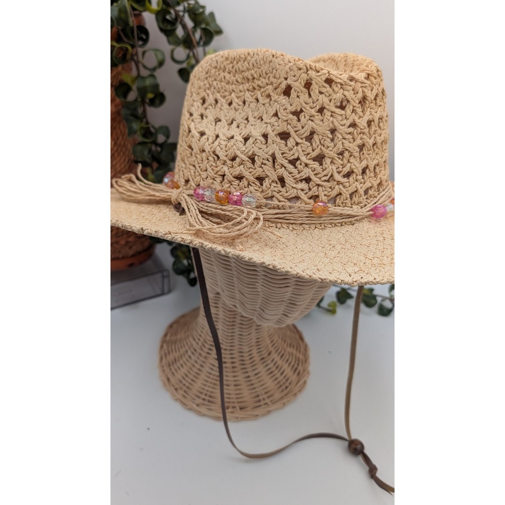 Straw Cowboy Hat w/ Beaded Band Wide Brim Western Boho One Size Festival (2)